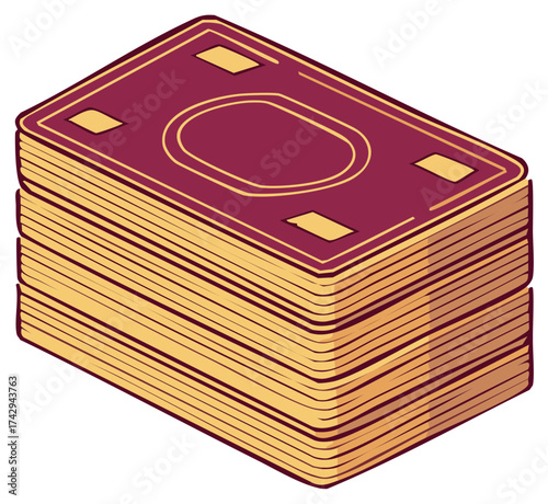 Stacked stylized money bills in burgundy and gold color palette, economic prosperity and finance.
