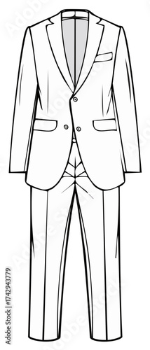 Men's single-breasted suit jacket and trousers technical fashion flat sketch