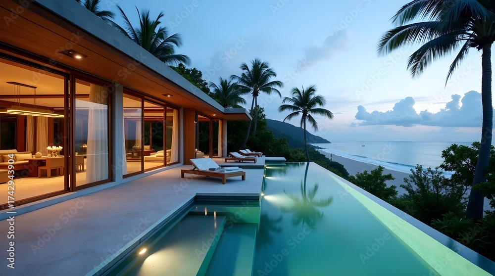 Fototapeta premium Luxury Villa with Infinity Pool Overlooking the Ocean at Dusk