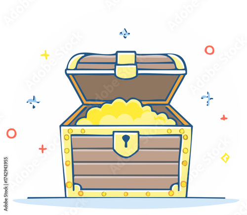 Open treasure chest overflowing with gold and sparkling gems
