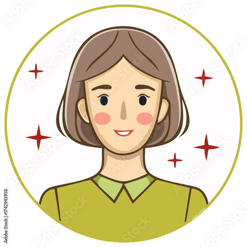 Vector illustration of a smiling woman with short brown hair and rosy cheeks, surrounded by sparkling starbursts.
