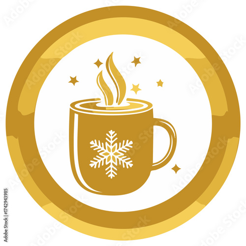 Golden Winter Holiday Hot Chocolate Mug with Snowflake and Steam Icon