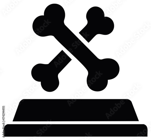 Simple Black Silhouette of Dog Bones Crossed Over a Bowl for Food in Vector Art