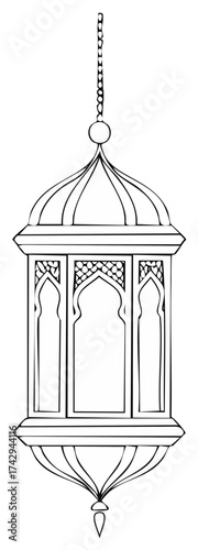 Hanging Lantern Design in Simple Black and White Outline, Decorative Vintage Element with Arches and Dome Shape