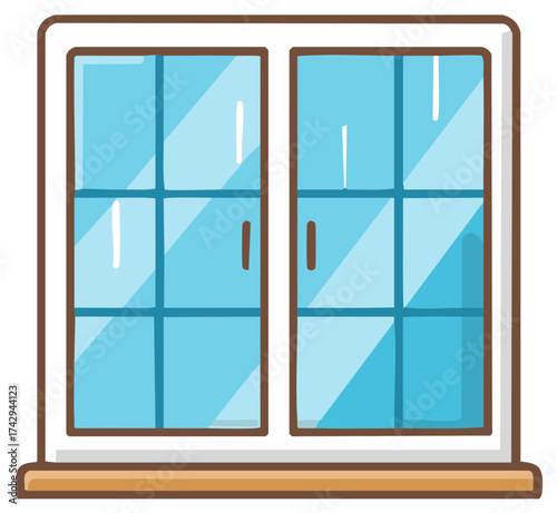 Cute cartoon double window with blue glass panes and brown handles on a white background