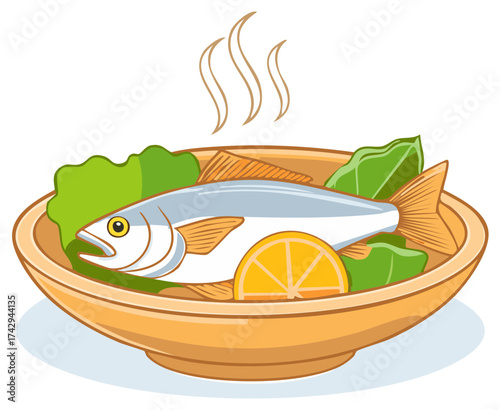 Steaming hot cooked fish served in a bowl with lemon and fresh greens illustration