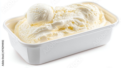 a tub of buttery yellow ice cream sits in a white container