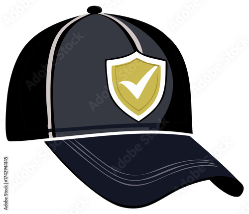 Security cap with gold shield and checkmark icon vector illustration for safety and protection