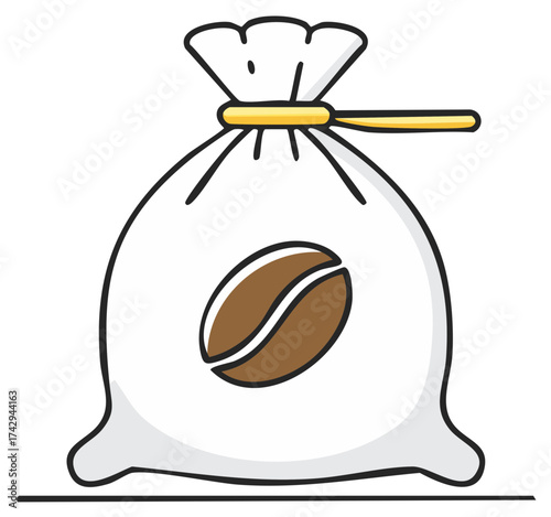 Aromatic coffee beans in sack, cartoon illustration of organic ground coffee