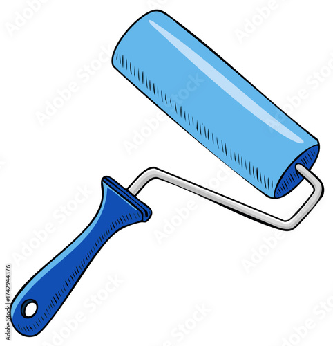 Hand drawn cartoon illustration of a blue paint roller tool for home improvement