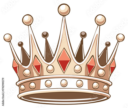 Ornate royal gold crown with red gemstones and pearls fantasy vector illustration