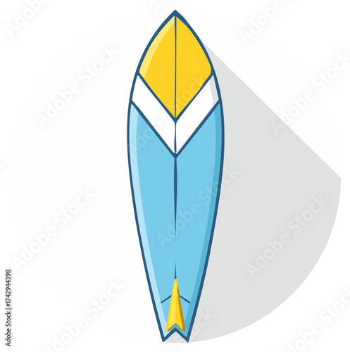 Bright Blue and Yellow Surfboard with Shadow and Fins for Ocean Sports