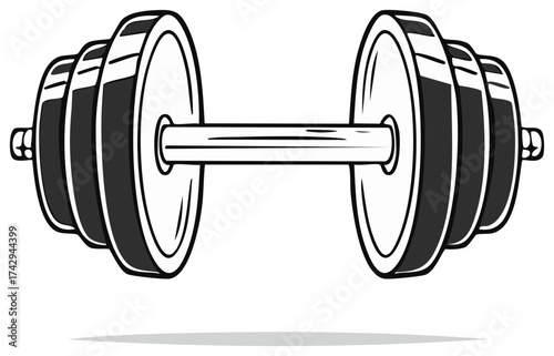 Cartoon vector illustration of a gym barbell with heavy plates for exercise and bodybuilding
