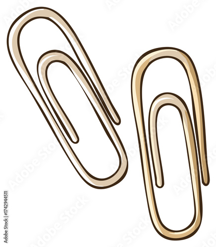 Two metallic paper clips illustration, school supplies for organizing paper, office equipment