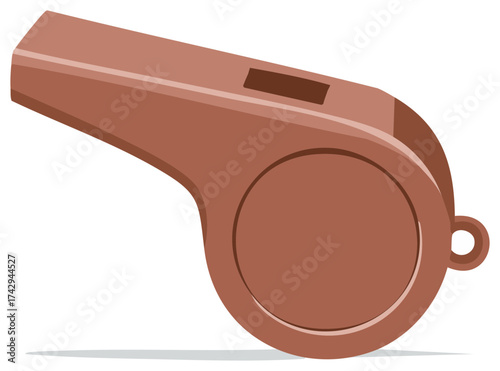 Illustration of a brown whistle with a ring for attaching it to a lanyard or string, blowing device, safety tool.