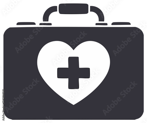 Medicine Suitcase with Heart and Cross Symbol:  First Aid Kit Icon, Healthcare Logo