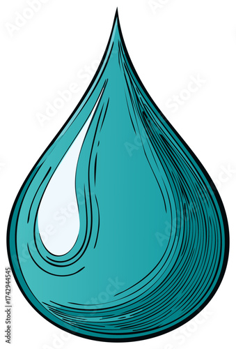 Blue water drop illustration with light reflection and outlined edges