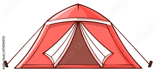 Cartoon illustration of a red tourist dome tent for camping and hiking with an open entrance