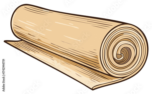 Unrolled parchment scroll with textured lines and a tightly wound end
