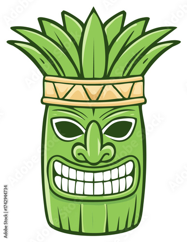 Fun Green Tiki Face Cartoon Featuring Leaves and Happy Expression for Summer Party Invitations and Tropical Designs