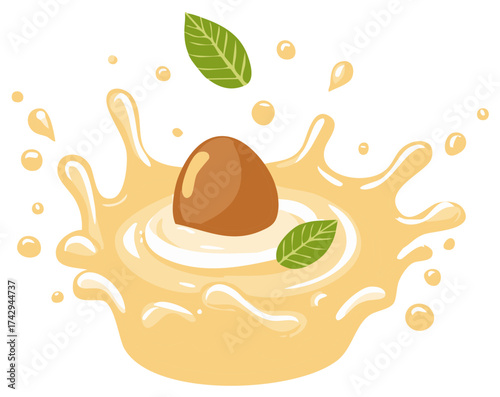 Almond Falling into Creamy Liquid Splashing with Leaves Illustration