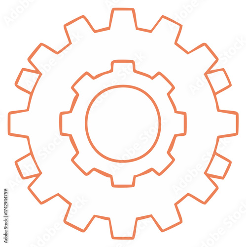 Orange outline of two nested gears representing engineering, mechanics, and process. Simple cogwheel line icon.