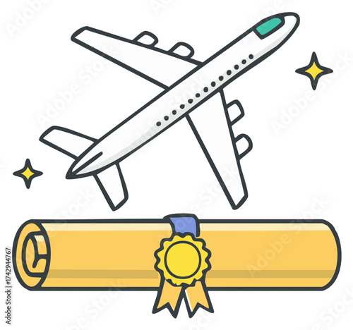 Airplane Above Diploma Scroll Celebrating Flight School Graduation or Airline Industry Achievement