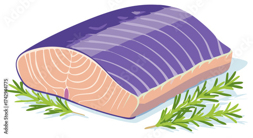 Artistic illustration of a raw salmon fillet with rosemary sprigs isolated on white