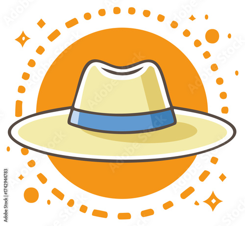 Stylish fedora hat icon with sunburst element design