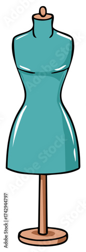 Cute turquoise mannequin on wooden stand in a cartoon style for a dressmaker or fashion icon