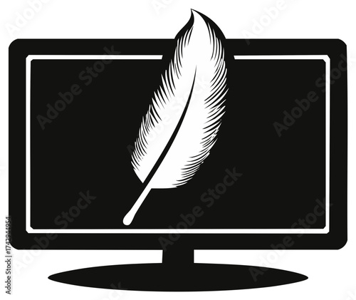 Feather quill on computer monitor screen digital writing concept