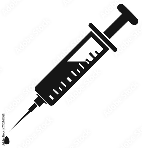 Medical syringe icon with a liquid drop on the needle for healthcare and vaccination concepts