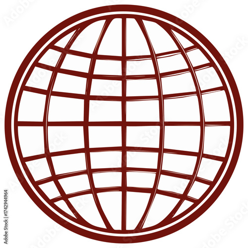 Drawn globe illustration featuring a brown grid pattern representing worldwide connectivity and a global perspective in visual design