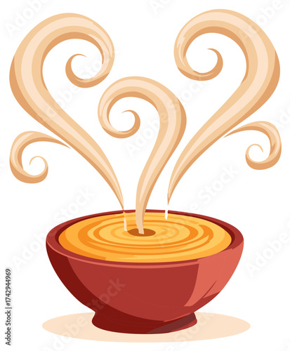 Bowl of hot soup with rising steam in cartoon style