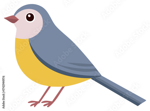 Cartoon Illustration of a Blue and Yellow Bird Perched, Simple Design