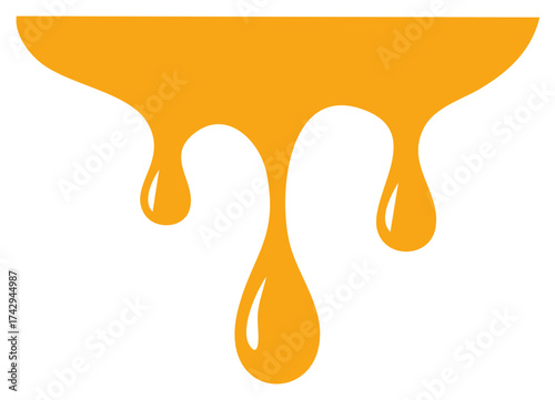 Golden viscous substance dripping with rounded shapes offering sticky texture forming drips isolated on white suggesting liquid flow