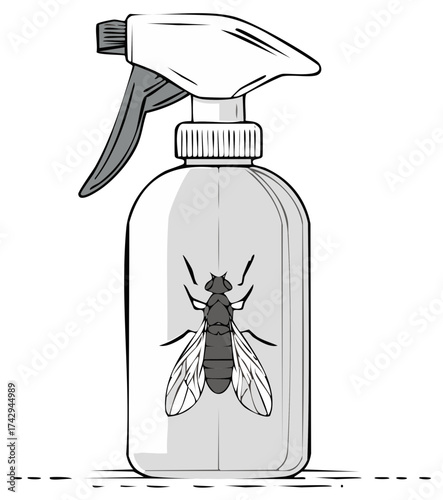 Pest control insecticide spray bottle with a large fly design in black and white line art