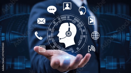 Professional businessman showcases digital customer service icons, symbolizing communication and global connectivity for modern business solutions