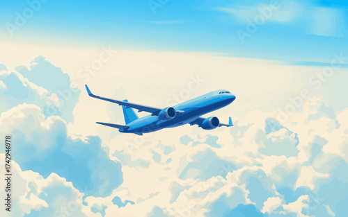 Blue passenger airplane flying high above the picturesque fluffy clouds in a vibrant sky ideal for travel and tourism content promoting aviation industry
