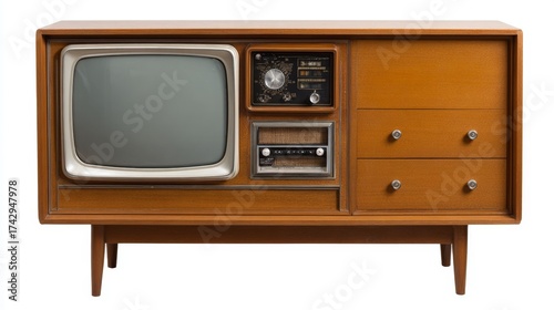 an old fashioned wooden television console with two televisions