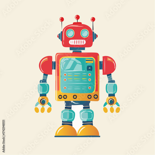 Colorful cartoon illustration of a classic red and blue toy robot. Future technology and artificial intelligence concept