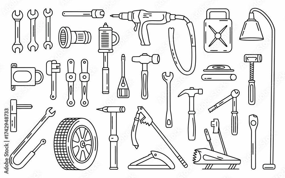 Fototapeta premium Hand Drawn Line Art of Automotive Tools Collection for Mechanic Services and Garages in Detailed Black and White