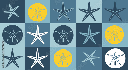 A modern graphic pattern of starfish and sand dollars.