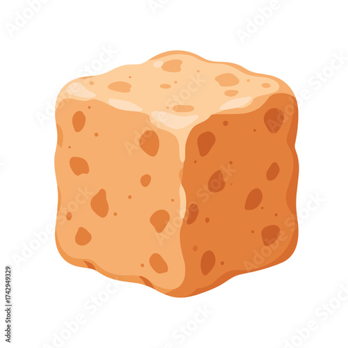 A single cube of light brown bread with a porous texture and rounded edges.