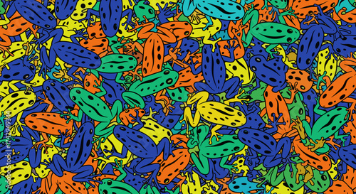 A vibrant and colorful collection of many small frogs in various bright colors.