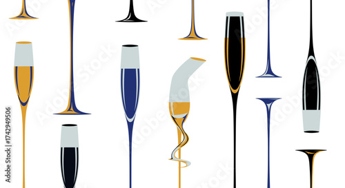 Collection of elegant champagne flutes filled with colorful beverages.