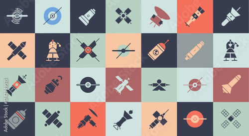 Collection of various satellite icons representing space technology and exploration.