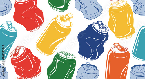Colorful crushed cans pattern representing recycling and environmental awareness.