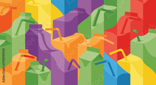 Colorful juice boxes with straws arranged in a vibrant pattern.