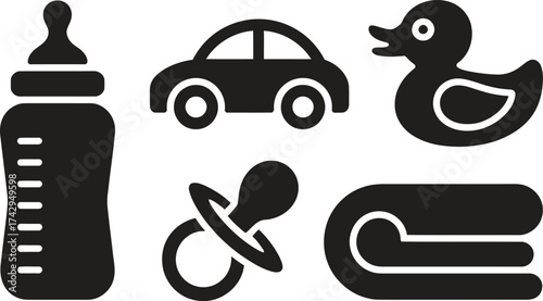 Collection of black baby care and toy icons on a white background